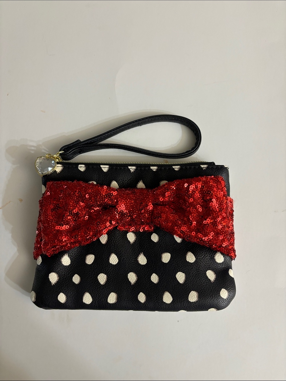 Betsey Johnson Black and White Polka Dot Wristlet with Red Sequined Bow NWOT